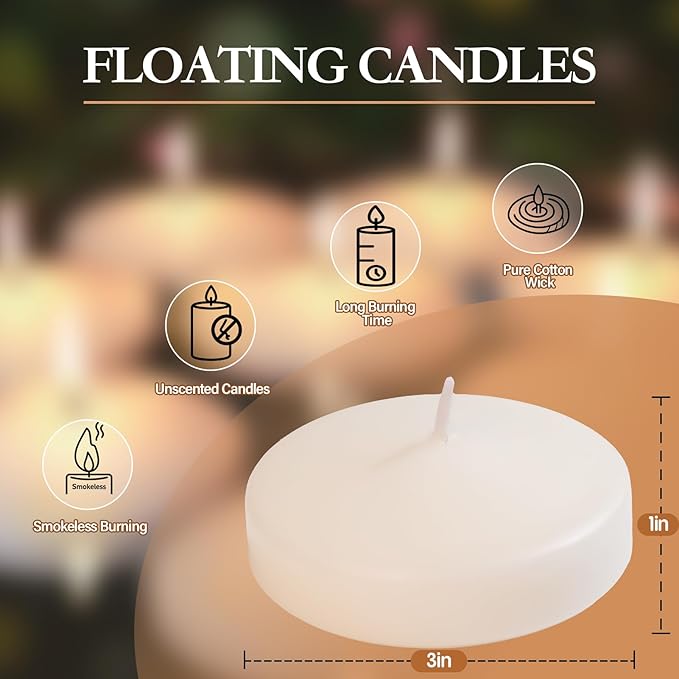 3 inch Floating Candles 30 Packs Ivory Floating Candle for Centerpieces 8-9 Hours Ivory White Floating Candles 3” Water Candles for Cylinder Vases, Pool, Wedding