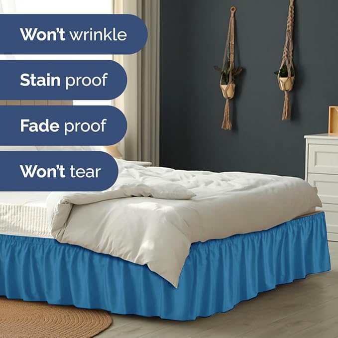 Wrap Around Dust Ruffle Bed Skirt - Denim Blue - Twin/Twin XL Size Beds with 12 Inch Drop - Elastic Strap - Adjustable Pleated Bedskirt with Brushed Fabric and Wrinkle Free - Women, Men, Kids & Teens