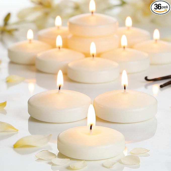36 Packs 3 Inch Vanilla Scented Floating Candles, 8-10 Hours Burn Time Warm Vanilla Sugar Highly Scented Floating Candles for Home, Pool, Bathtub, Relaxation, Centerpiece, Party