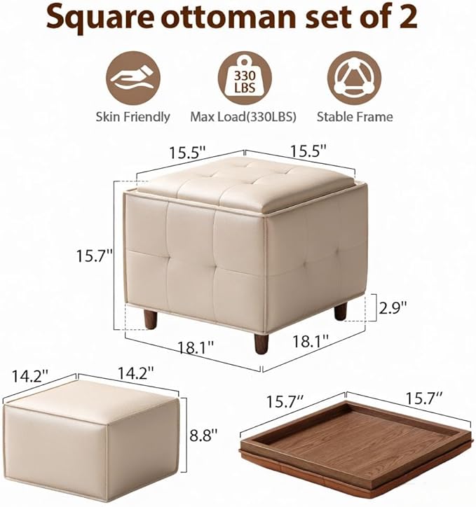 Square Ottoman with Storage Set of 2, Leather Coffee Table Ottoman, Multifunctional Foot Rest Stool with Storage for Living Room & Bedroom