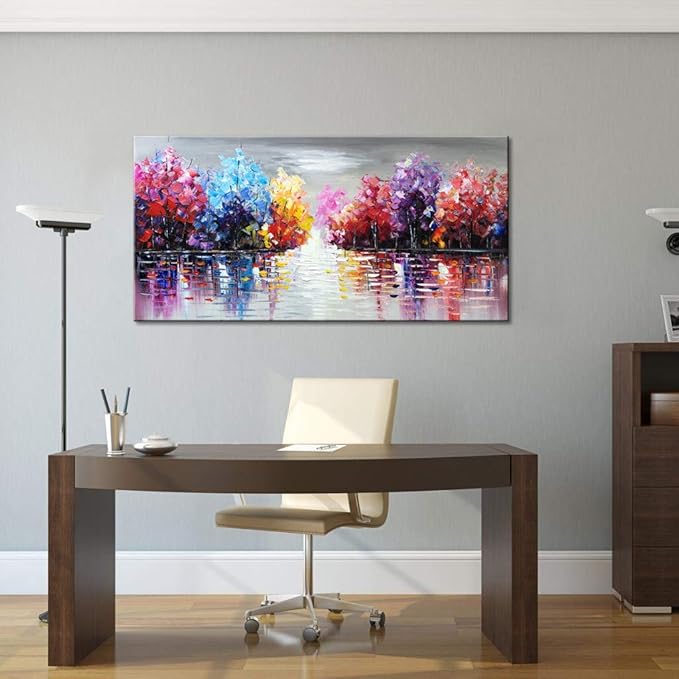 Hand Painted Colurful Textured Lake Landscape Oil Painting on Canvas Purple Tree Wall Art Abstract Nature Artwork for Living Room Bedroom Decor
