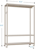 IZEUK Heavy Duty Rolling Garment Rack Wire Clothes Rack for Hanging Clothes, Metal Freestanding Closet Wardrobe Rack with Double Rods and Side Hooks Gold 17.7" D x 45.3" W x 70.3" H