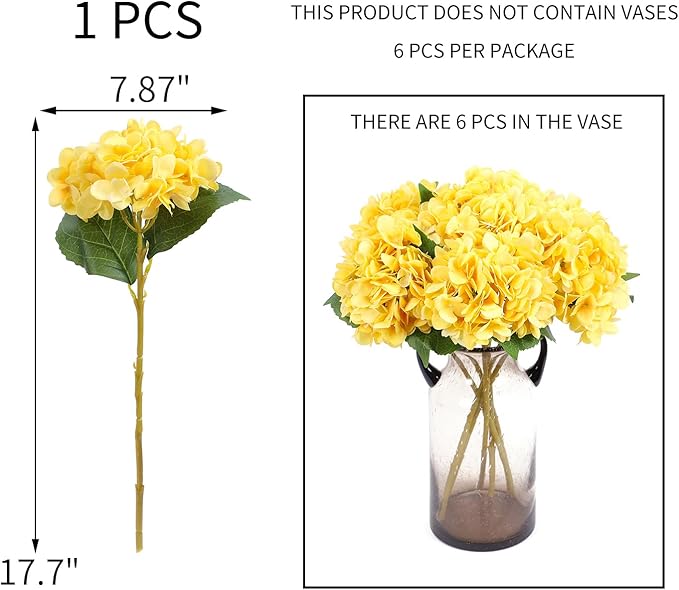 Kimura's Cabin 6pcs Yellow Fake Flowers Faux Hydrangea Flower Artificial Silk Hydrangeas Bouquets with Stems for Home Wedding Baby Shower Birthday Party Festive Decoration (Yellow)