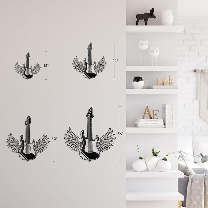 SIGNLEADER Metal Wall Art Decor - Electric Guitar with Wing Minimalist Modern Abstract Wall Sculpture Hanging Home Decoration for Living Room, Bedroom, Bathroom, Kitchen, Studio, Outdoor - 30" Black
