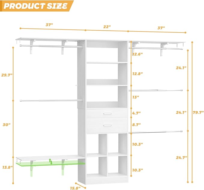 8FT Closet System - 96" Closet Organizer System with Wooden Drawers,Closet Systems for Walk-In Closets with Cuttable Hanging Shelving, White