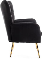 Modern Chic Mid-Century Velvet Accent Armchair for Living Room, Bedroom, or Home Office, Button-Tufted Wingback Design with Gold Flared Legs, Black