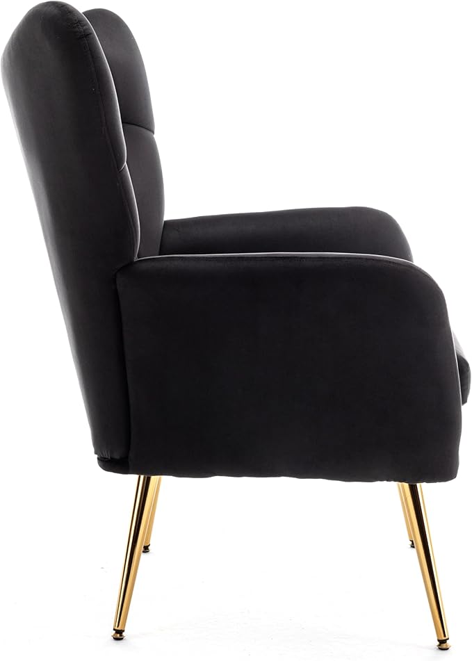Modern Chic Mid-Century Velvet Accent Armchair for Living Room, Bedroom, or Home Office, Button-Tufted Wingback Design with Gold Flared Legs, Black