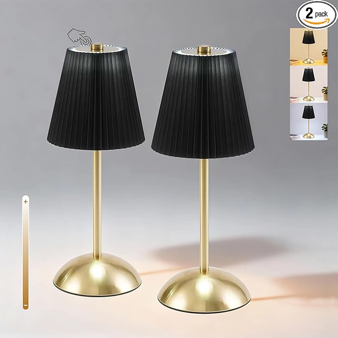2-Pack Rechargeable Cordless Table Lamps, 3CCT & Stepless Dimming, LED Wireless Lamp with Touch Control for Bedside Nightstand, Dining Table, Outdoor Patio Use, 4.5" W x 11.5" H (Black)