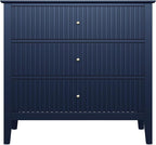 Large Blue Fluted 3 Drawer Dresser Set of 2, Chest of Drawers with Ball Bearing Slide Modern 30 inch Tall Wood Nightstand with Spacious Storage for Bedroom Hallway Living Room Entryway
