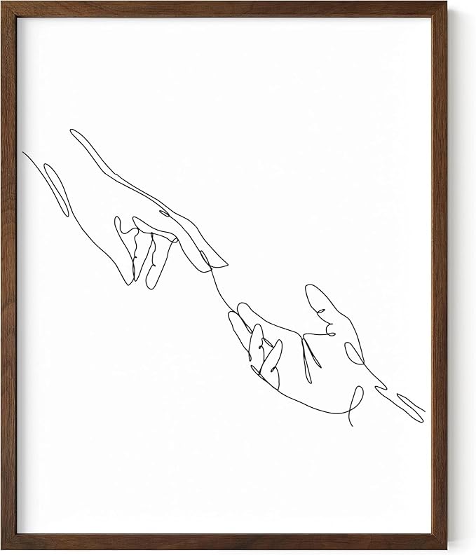 Minimalist Reaching Hands Wall Art Continuous Line Drawing Connection Symbol 8x10 Inch Oak Wood Walnut Framed Aesthetic Modern Decor Print for Bedroom Living Room