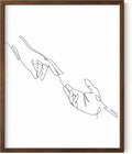 Minimalist Reaching Hands Wall Art Continuous Line Drawing Connection Symbol 8x10 Inch Oak Wood Walnut Framed Aesthetic Modern Decor Print for Bedroom Living Room