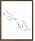 Minimalist Reaching Hands Wall Art Continuous Line Drawing Connection Symbol 8x10 Inch Oak Wood Walnut Framed Aesthetic Modern Decor Print for Bedroom Living Room