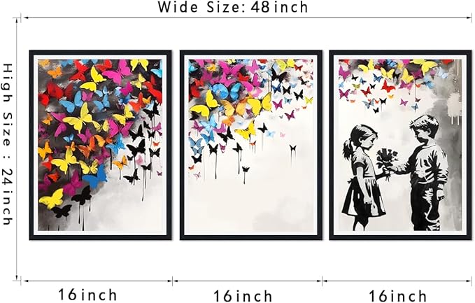 Novatique Graffiti Street Wall Art Banksy Art Wall Decor Street Paintings Artwork Butterfly Colorful Poster Graffiti Art Framed for Living Room Bedroom,16" x 24" x 3Pcs