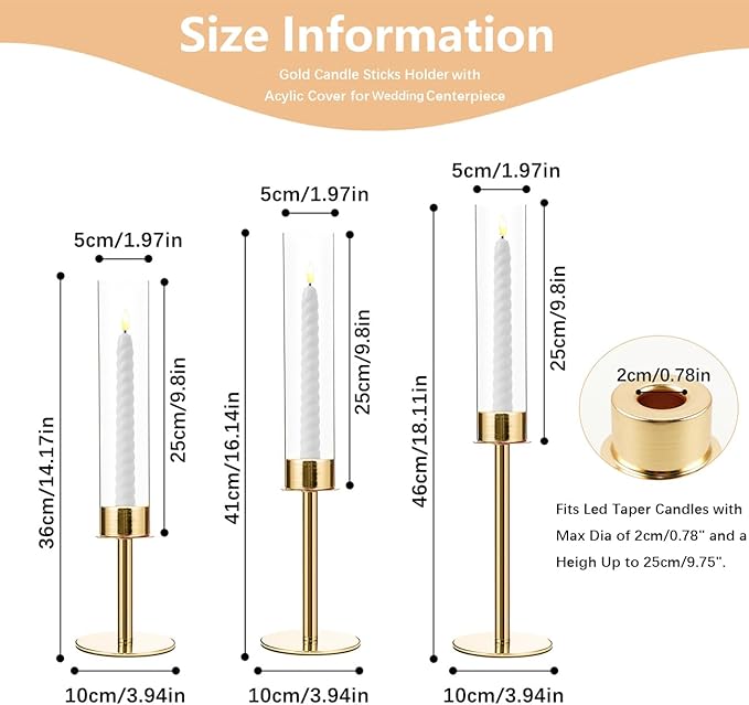 18PCS Gold Candle Sticks Holder in Bulk for Party Table Centerpiece, Metal Candlesticks Sticks Holder with Acrylic lampshade for Wedding Easter Dinner Table Decor Fit 0.78" LED Candle