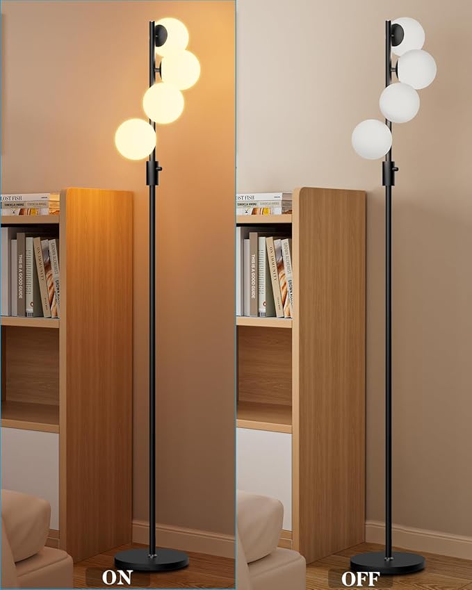 Lightdot 64IN Dimmable (Brightness Adjustable) Globe Floor Lamp, Black Standing Lamps with 4PCS 3000K Bulbs Included, Mid Century Modern Floor Lamp for Living Room/Sofa Beside/Corner Decor