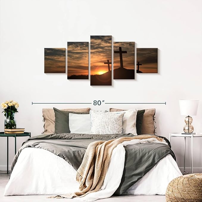Elephant Stock Cross Silhouettes Wall Art Multi Piece Canvas - 5 Panel Christian Pictures Decor - Digital Design Canvas Print - Christian Wall Decor - 68" X 30"