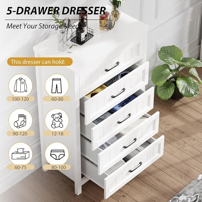 5 Drawer Dresser for Bedroom - Farmhouse 44.9" Tall Chest of Dresser with Large Storage, Rubst Wood Construction for Living Room, Hallway & Entryway - White