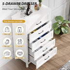 5 Drawer Dresser for Bedroom - Farmhouse 44.9" Tall Chest of Dresser with Large Storage, Rubst Wood Construction for Living Room, Hallway & Entryway - White