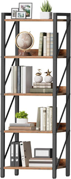 HOOBRO Bookshelf, 5-Tier Industrial Bookcase, Book Shelf Storage Organizer, Tall Bookshelf with Metal Frame for Living Room, Bedroom, Home Office, Kitchen, Rustic Brown and Black BF73SJ01