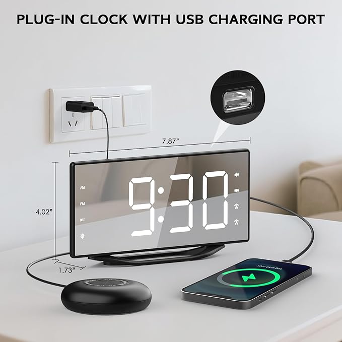 OnLyee Vibrating Alarm Clock with 8.7” LED Mirror for Heavy Sleepers & Hearing Impaired, Bed Shaker & 3 Wake-Up Modes, Dual Alarms, USB Charging, Adjustable Brightness, Snooze Function