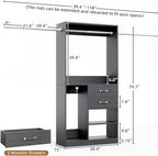 Flrrtenv Closet System, 6.8-9.8Ft Closet Organizer with 2 Wooden Drawers and Pull-out Pants Organizer Rod, Walk-in Wood Closet Organizer Wardrobe Clothes Rack with 3 Hanging Rods, Garment Rack, Black