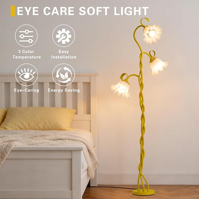 Flower Floor Lamp for Bedroom - 3 Color Temperatures Decorative Flower Tall Floor Reading Lamp with Flexible Neck for Bedroom Living Room Office Corner (Yellow)