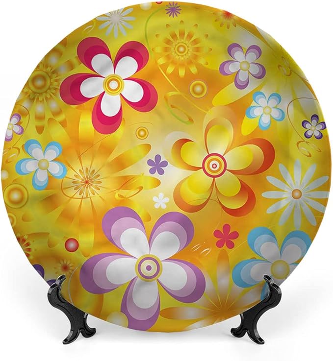Ceramic Display Plate, Floral Ceramic Hanging Decorative Plate, Vibrant Daisies Cheerful, 7 Inch, Household Custom Ceramic Plate, Multicolor