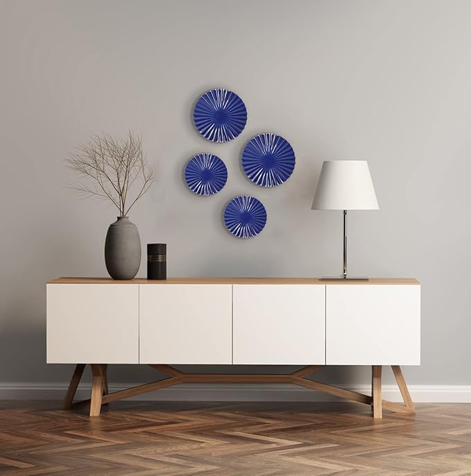 ITrixgan Deep Blue Wall Art Round Metal Modern Accent Sunburst Hanging Decor Above Bed TV for Home Office Bedroom Living Room Set of 4