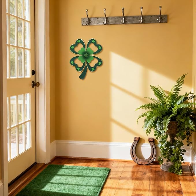 YEAHOME St Patricks Day Wall Decorations, 16'' Metal Four-Leaf Clover Wall Art Decor, Lucky Saint Patricks Day Hanging Decor for Home Indoor Outdoor Garden, Yard, Kitchen, Bathroom, Bedroom