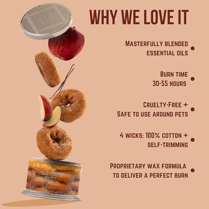 HomeWorx by SLATKIN + CO. Candle- Hot Cider Donut, 18 oz. 4-Wick Premium Scented Jar Candle - 30-55 Hours Burn Time