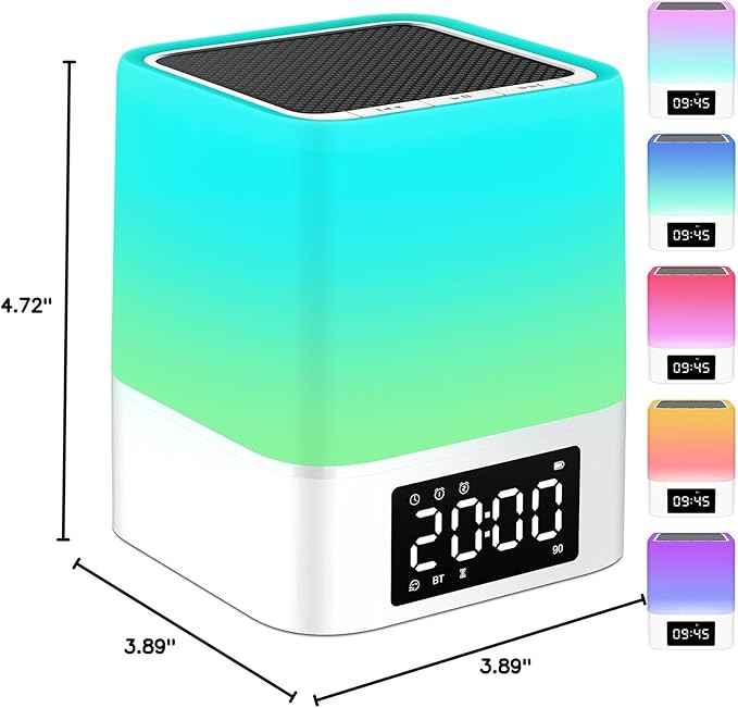 Night Light Bluetooth Speaker, Gifts for 10 11 12 13 14 15 Years Old Boys Teenager Girls, All-in-1 Dual Alarm Clock, Touch Sensor Bedside Lamp, 48 RGB Color Chang, MP3 Player, Wireless Speaker