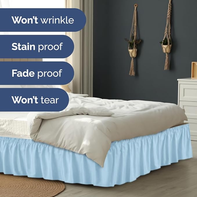 Wrap Around Dust Ruffle Bed Skirt - Light Blue - for Full Size Beds with 15 Inch Drop - Elastic Strap - Adjustable Pleated Bedskirt with Brushed Fabric and Wrinkle Free - for Women, Men, Kids & Teens