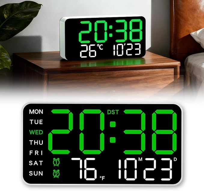 Multifunctional Decorative Led Digital Wall Clock,Large Digital Clock Shows Time,Date,Temperature,Auto Brightness Adjustment,Dual Alarms,Electronic Clock for Livingroom (Green lamp with white shell)