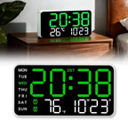 Multifunctional Decorative Led Digital Wall Clock,Large Digital Clock Shows Time,Date,Temperature,Auto Brightness Adjustment,Dual Alarms,Electronic Clock for Livingroom (Green lamp with white shell)