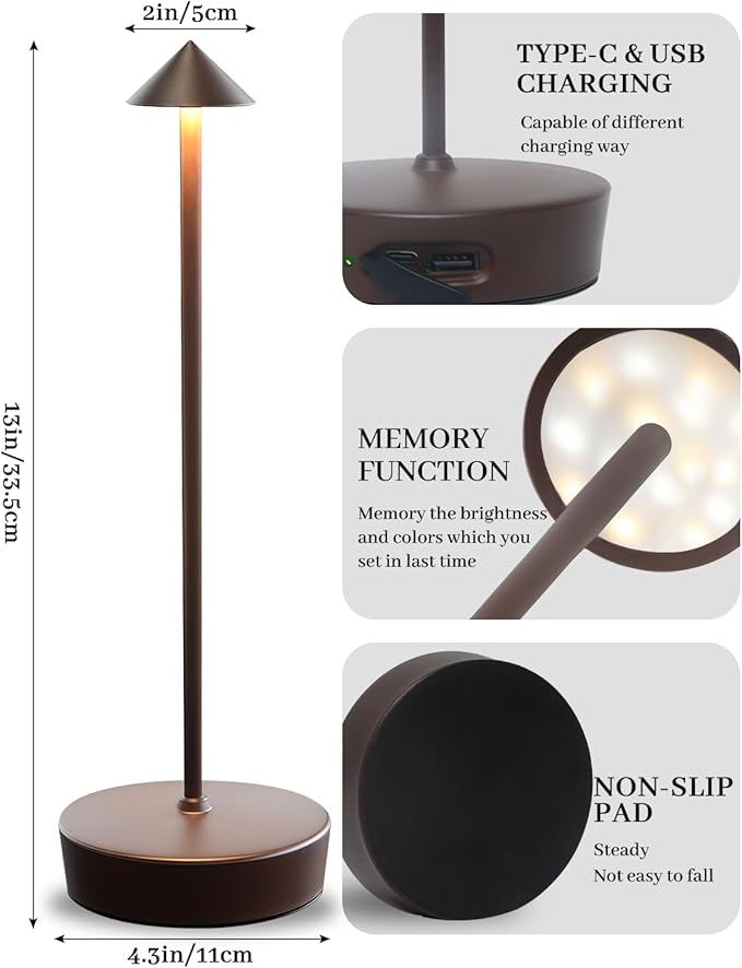 2 Packs Rust Cordless Rechargeable Table Lamp 7200mAh Portable Touch Control LED Dimmable Rusty Table Lamp for Bedroom Reading