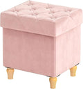 CAROLMADE Folding Storage Ottoman Cube Velvet Footstool with Wood Legs Ottoman Footrest for Living Room and Bedroom Pink, 15"x12.6"x15.4"