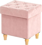 CAROLMADE Folding Storage Ottoman Cube Velvet Footstool with Wood Legs Ottoman Footrest for Living Room and Bedroom Pink, 15"x12.6"x15.4"