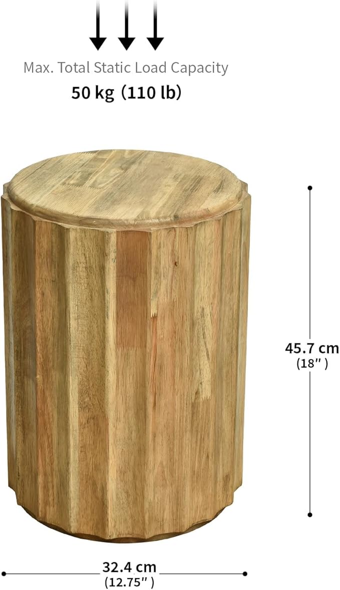 Fully Assembled Round Side Table with Gold Geometric Design & Wave Pattern, Solid Wood End Table Nightstand for Living Room, Bedroom, Office, 18 Inch (Wavy Natural Wood)