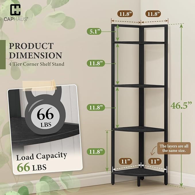 CAPHAUS 4 Tier Corner Shelf - 46.5-Inch Tall Black Metal Corner Bookcase, Small Display Stand for Bathroom, Living Room, Home, Office