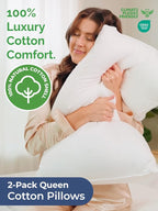 Bed Pillows Queen Size Set of 2 - 100% Cotton Breathable Cover - Premium Down Alternative for Side Sleepers, Back or Stomach - Soft Luxury Hotel Quality Pillows - Comfy, Cozy & Plush - Oeko-Tex, White