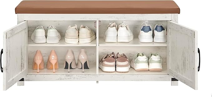 Shoe Storage Bench, 2 Tier Shoe Bench with Padded Seat Cushion & 2 Barn Doors, Entryway Bench with Adjustable Shelf, Farmhouse Shoe Cabinet for Living Room, Bedroom, Antique White SB26614KA