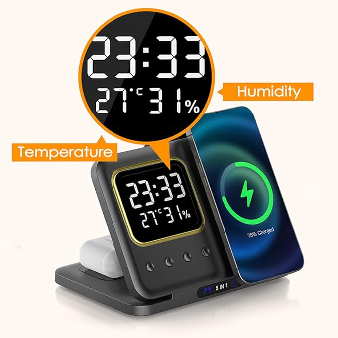 IHAO 5in1 Multi Functional Wireless Charger with Digital Clock 18W Fast Charge Night Light Temperature Display Magnetic Attraction Compliant for iPhone, Apple Watch and Qi Headphone-DH13 Black