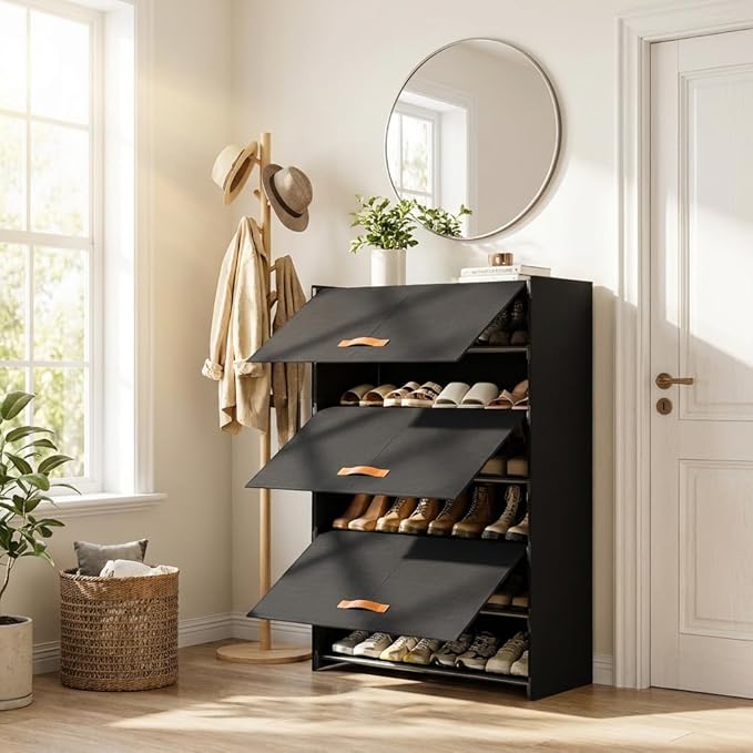6-Tier Shoe Storage Cabinet with Hard Flip Doors, Holds 18–24 Pairs, Enclosed Dustproof Shoe Rack Organizer for Entryway, Closet & Bedroom, Space-Saving Shoe Shelf, Black, 27.8" x 12.0" x 41.9"