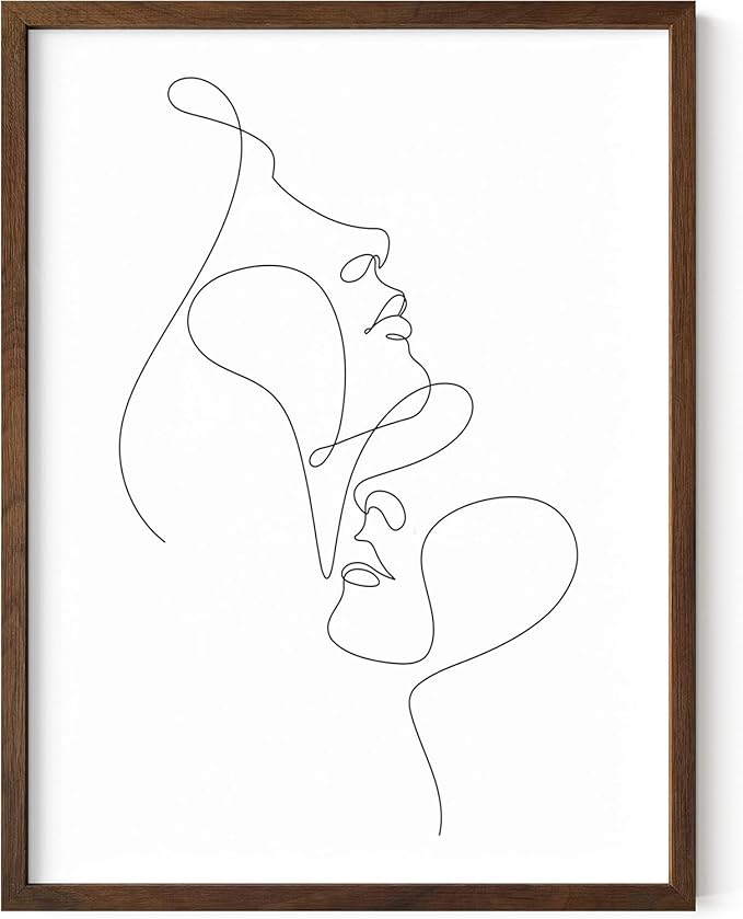 Minimalist Face to Face Wall Art Two Portraits Continuous Line Drawing 12x16 Inch Oak Wood Walnut Framed Modern Aesthetic Profile Print for Bedroom Decor