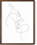 Minimalist Face to Face Wall Art Two Portraits Continuous Line Drawing 12x16 Inch Oak Wood Walnut Framed Modern Aesthetic Profile Print for Bedroom Decor