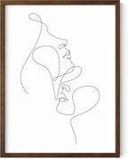 Minimalist Face to Face Wall Art Two Portraits Continuous Line Drawing 12x16 Inch Oak Wood Walnut Framed Modern Aesthetic Profile Print for Bedroom Decor