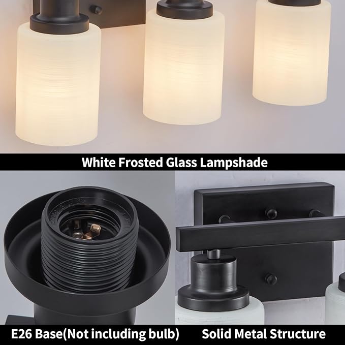Bathroom Light Fixtures Over Mirror, 2-Light Modern Matte Black Vanity Lights with White Frosted Glass Shade, Bathroom Wall Lamp Sconces for Mirror Bedroom, Living Room Hallway Small Space