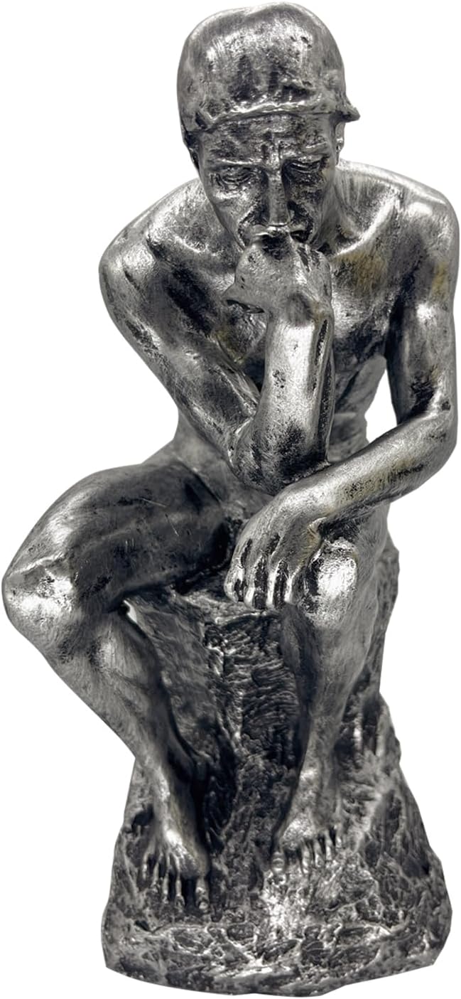 Thinker Statue Decor Office Desktop Bookcase Sculpture Accent Large DéCor Famous Rodin'S Thinker Art Collection Resin Figurine Desk Gifts for Men Modern Home Decorate (Silver)