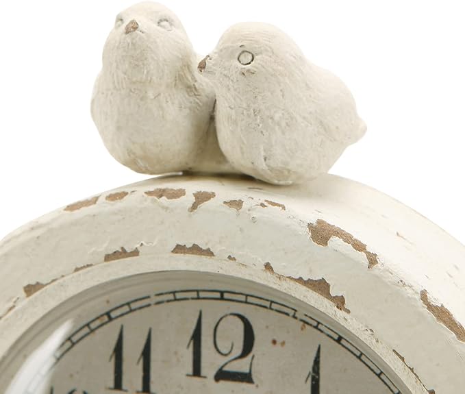 NIKKY HOME Vintage Mantel Table Clock with 2 Birds, Silent Non-Ticking Battery Operated Desk Shelf Rustic Wooden Clock for Living Room Decor - Distressed White