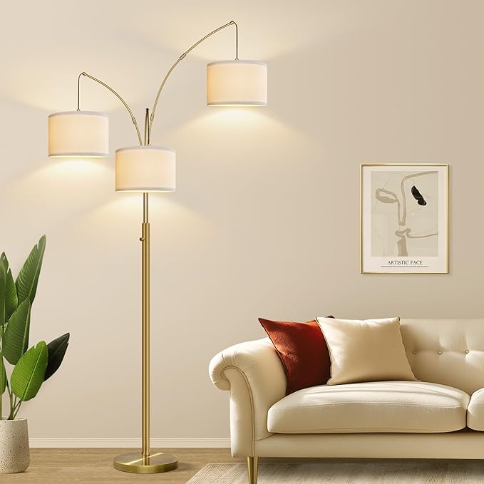 Nintiue Dimmable Floor Lamp - 3 Lights Brass Floor Lamps for Living Room Linen White Shades & Heavy Base, Mid Century Tree Floor Lamp for Bedroom Office, 3 LED Bulbs Included